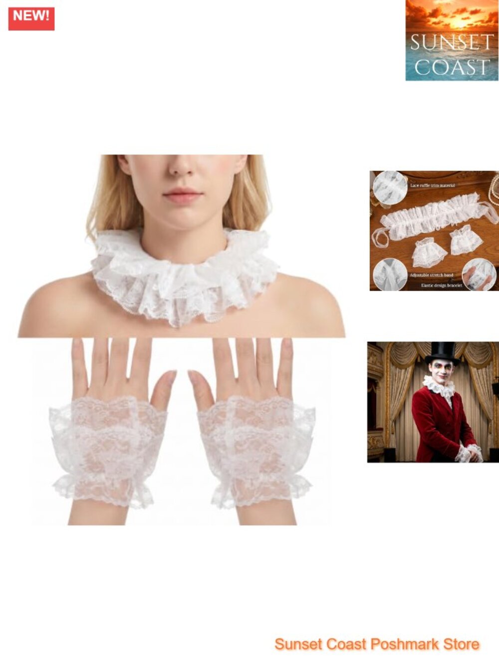 Lace Clown Collar and Cuffs Set 3-Piece Ruffle Neck Cuffs